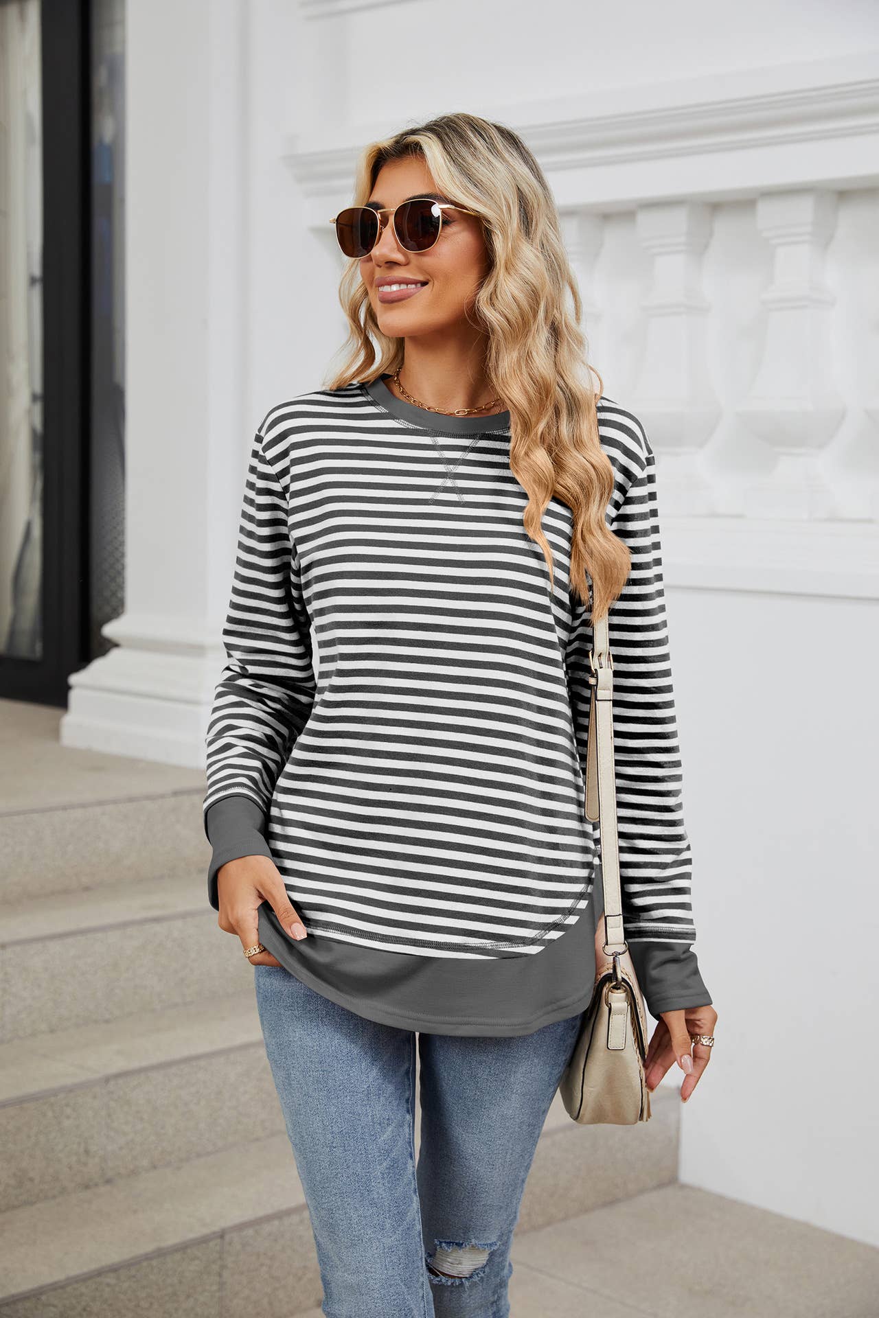 Crew-neck striped long-sleeved hoodie