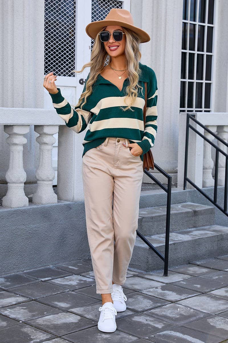 CWOSWL3104_STRIPED POLO COLLAR PULLOVER SWEATER