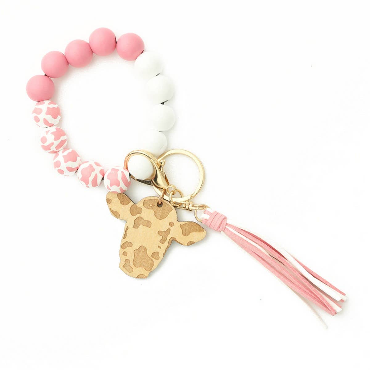 Cow Head Keychain with Tassel and Wood Beads_CWAB5093