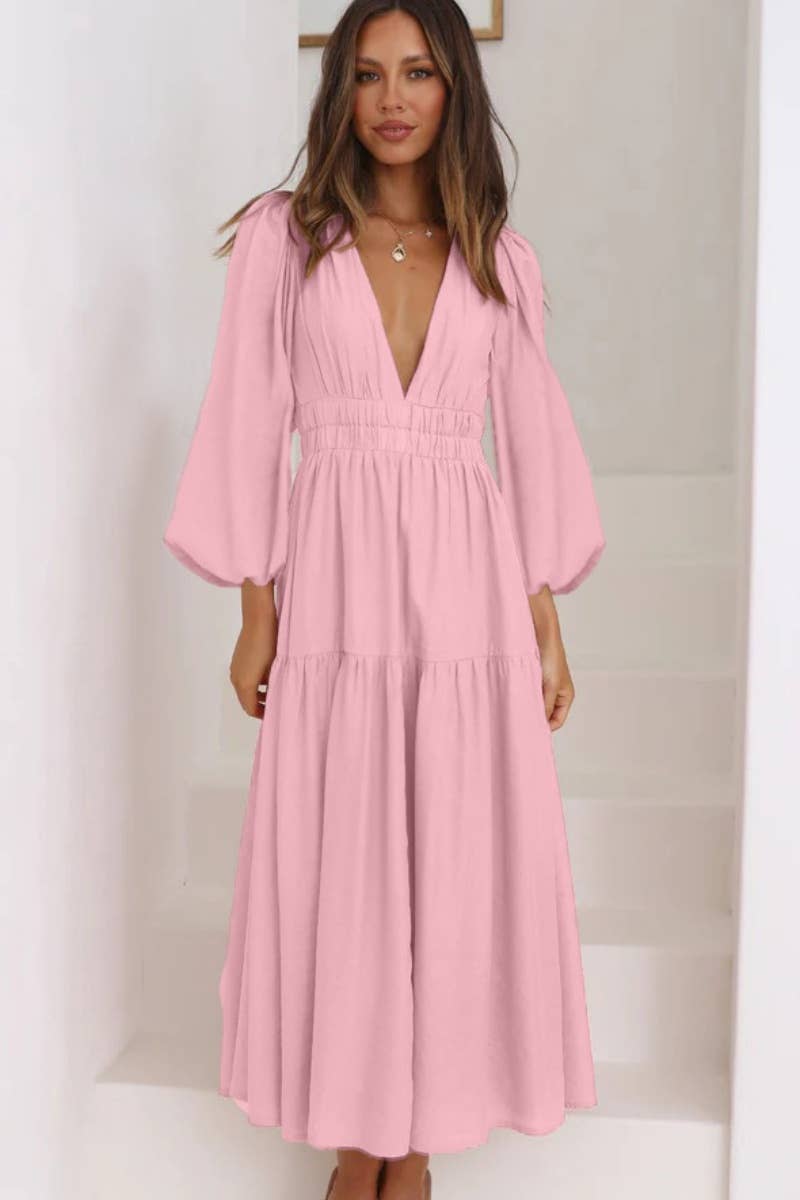 CWDMD4036_AUTUMN V-NECK LONG SLEEVE WAIST DRESS LONG STYLE