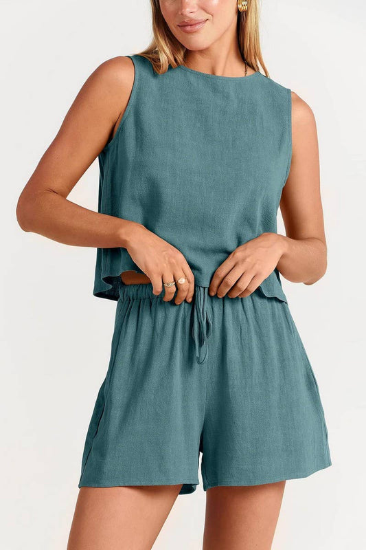 CWSTB1594_SOLID COLOR SLEEVELESS TOP SHORTS TWO PIECE SET