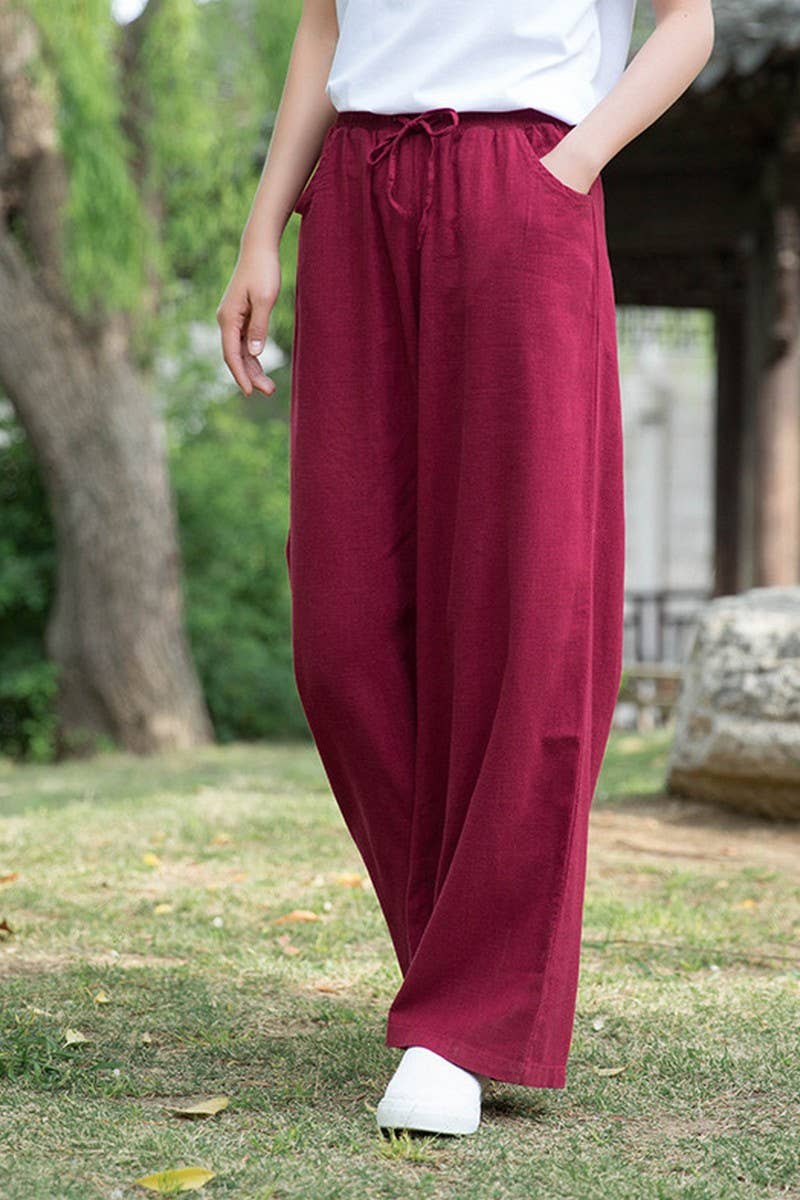 CWBLP1376_COTTON AND LINEN DRAWSTRING WIDE LEG PANTS