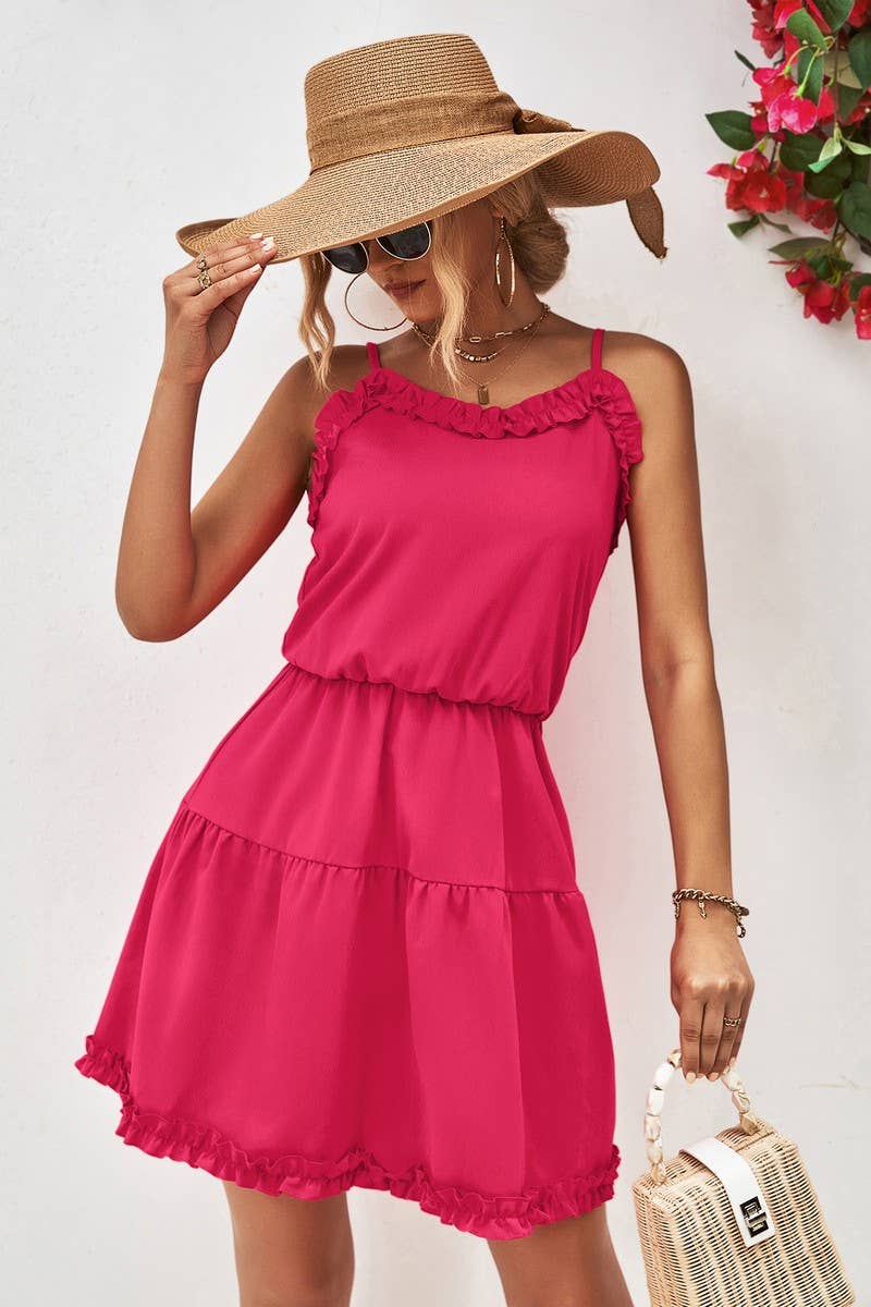 CWDSD4953_SOLID COLOR SUSPENDER RUFFLE DRESS