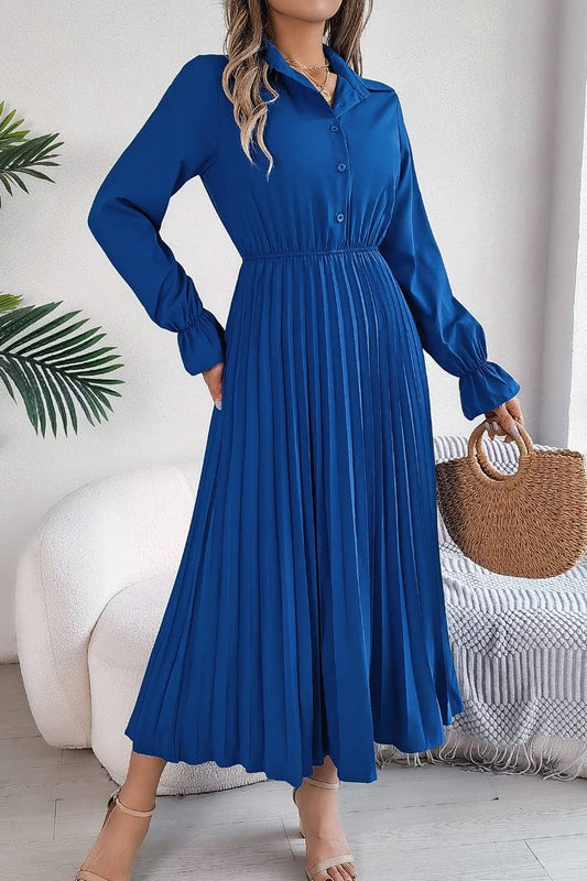 CWDMD3944_FALL PLEATED LONG-SLEEVED SHIRT-WAIST DRESS