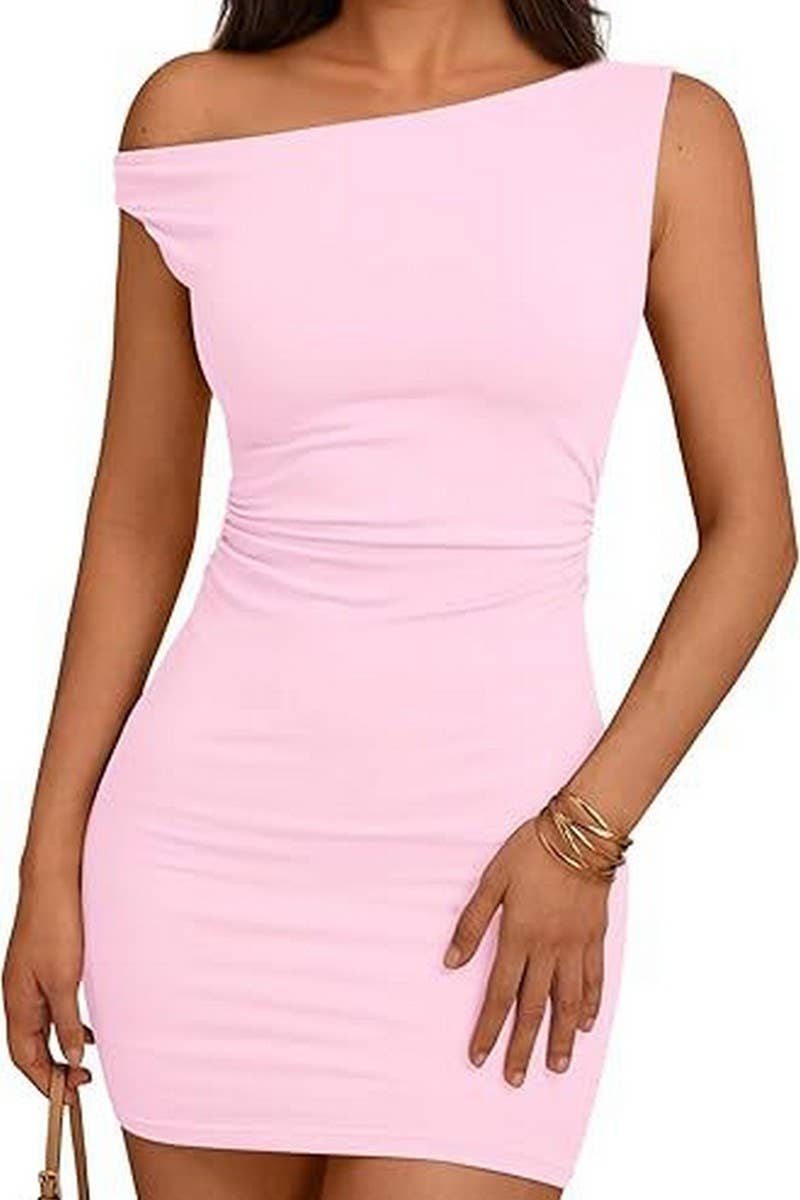 CWDSD8806_OFF-THE-SHOULDER SLEEVELESS WAIST-PLEATED DRESS