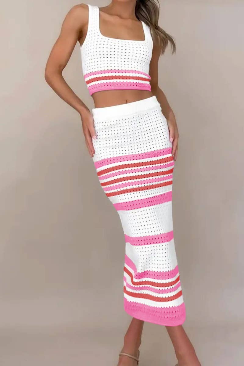 CWSS0493_SLEEVELESS STRIPED TOP BODYCON LONG SKIRT SUIT