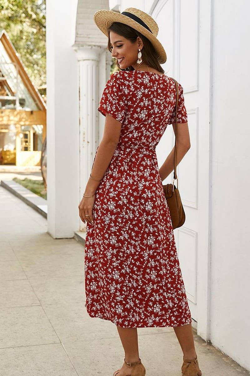 CWDMD4130_PRINTED V-NECK TIE HIGH WAIST MIDI DRESS