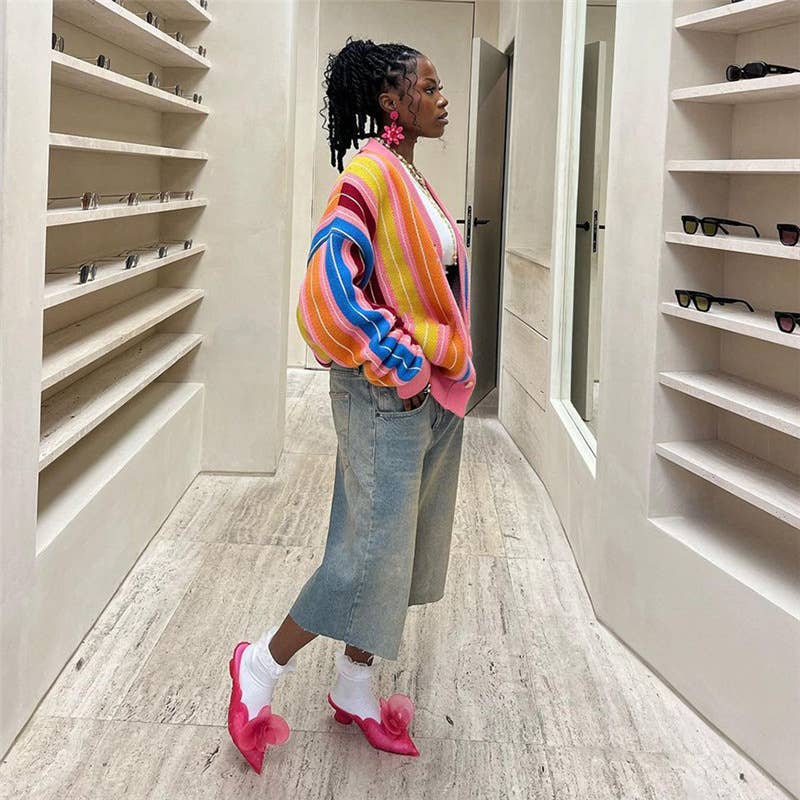 COLOR CONTRAST STRIPED LONG SLEEVE CARDIGAN