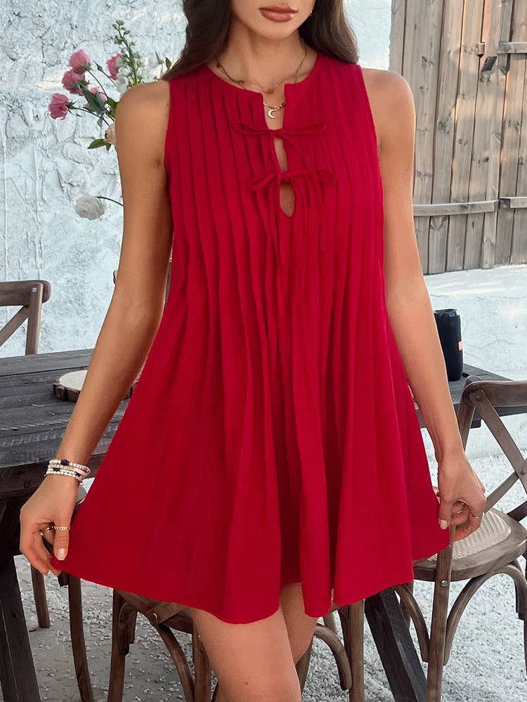Casual lace-up pinched sleeveless short dress