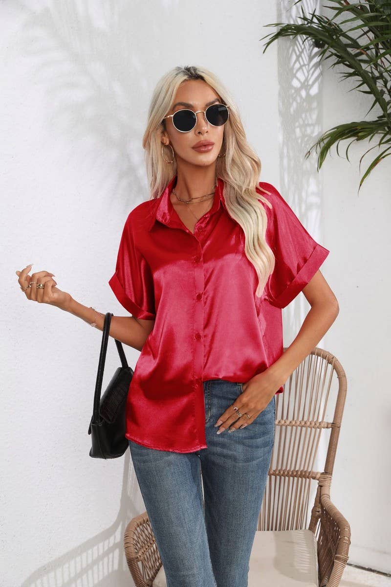 CWTBLS0406_Button Down Silky Satin Short Sleeve Top
