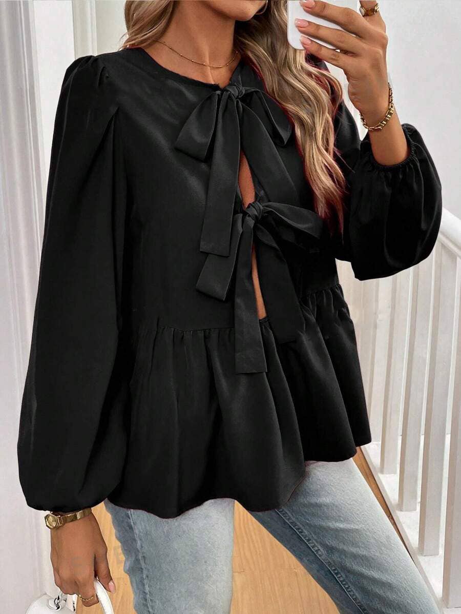 BOW LANTERN SLEEVE BUBBLE DOUBLE-SIDED SHIRT