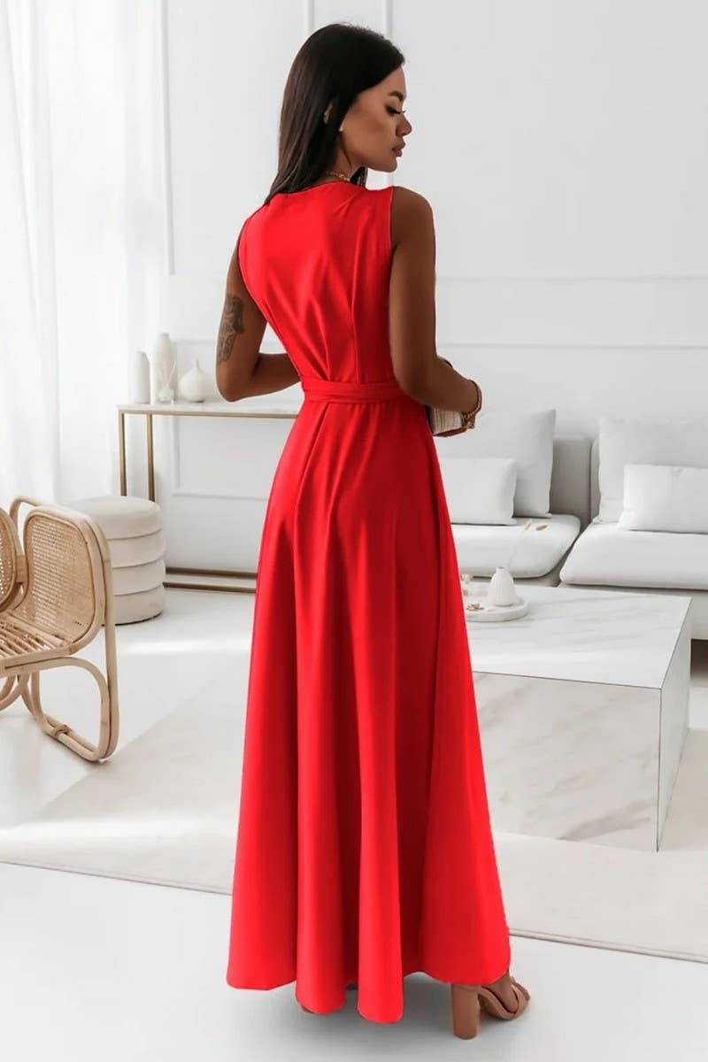 CWDMD6334_TIE WAIST V-NECK EVENING LONG GOWN DRESS