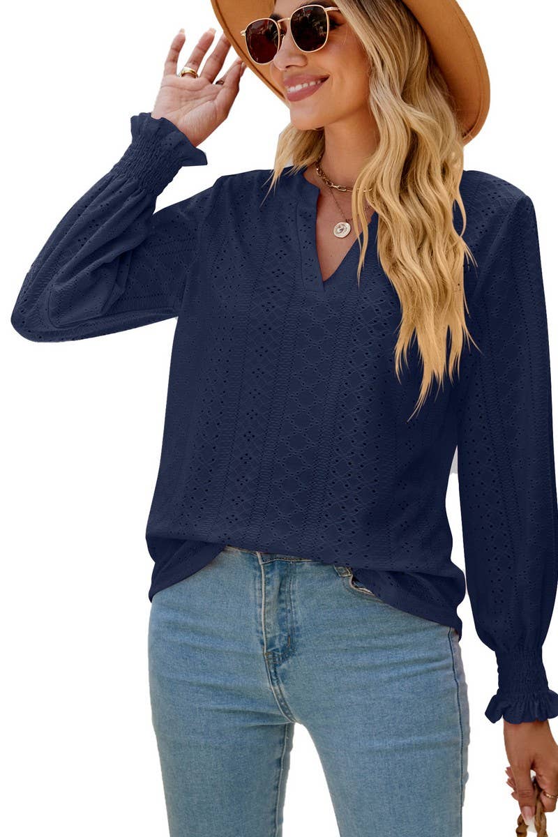 CWTBLL2407_V-NECK HOLLOW PLEATED LOTUS LEAF SLEEVE TOP