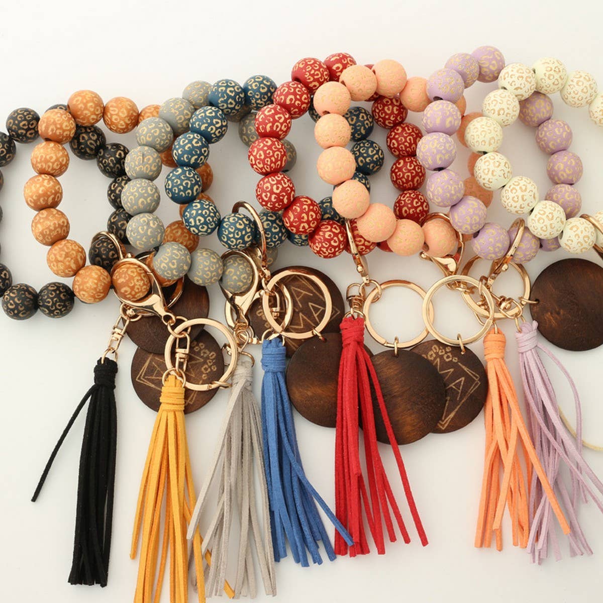 LEOPARD PATTERN WOODEN BEAD BRACELET KEYCHAIN