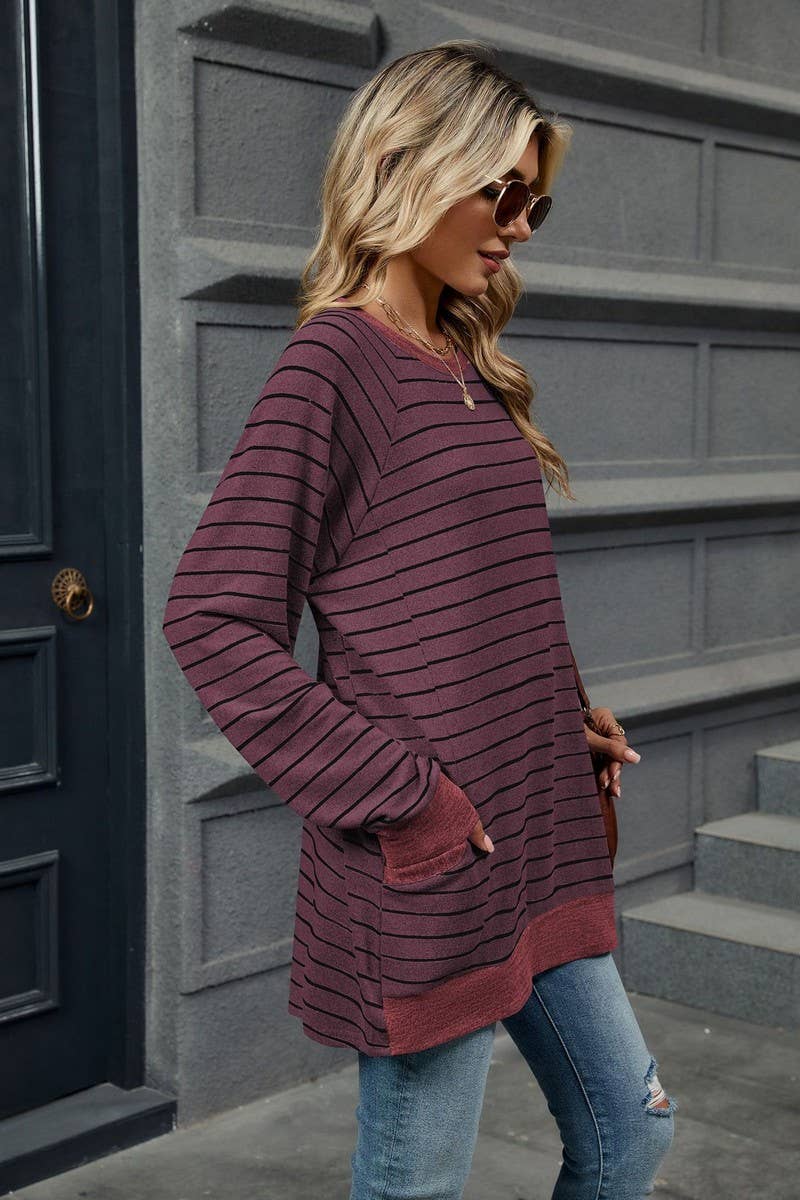 CWTBLL3664_COLOR BLOCKED STRIPED POCKET LOOSE T-SHIRT