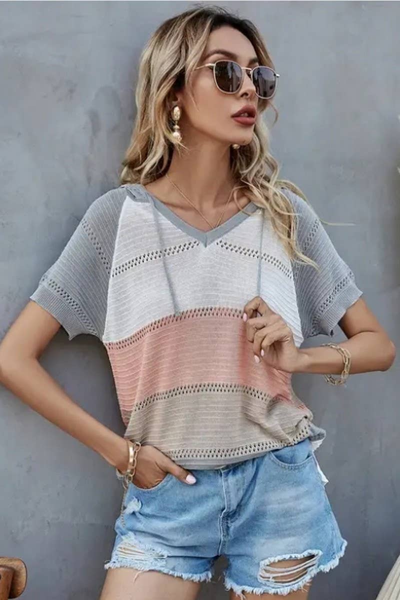 CWTTS1304_SPRING AND SUMMER STRIPED HOODED T-SHIRT