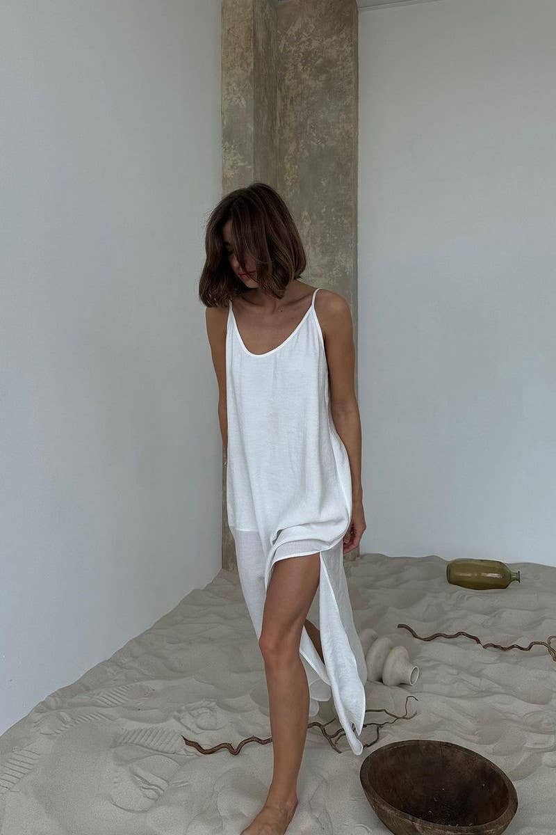 CWSPJ454_SOLID COLOR THIN LOOSE BREATHABLE PAJAMAS DRESS