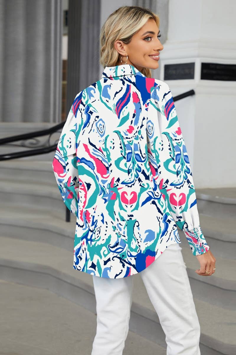 CWTSTL2302_HOLIDAY PRINTED LONG-SLEEVED LANTERN SLEEVE SHIRT