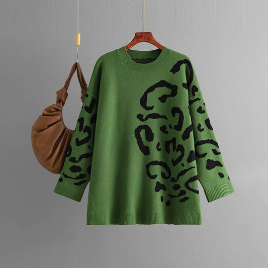Crew-neck pullover leopard print long-sleeved base