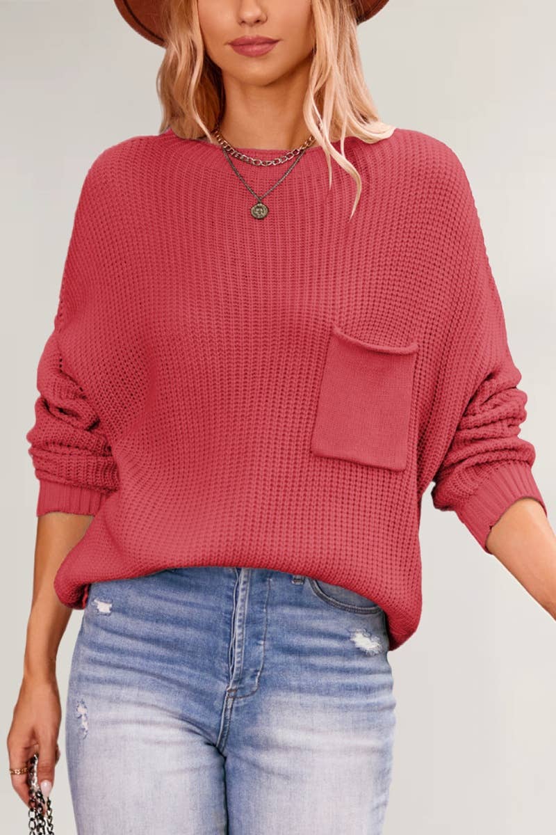 CWOSWL5884_CREW-NECK POCKET LONG-SLEEVED SWEATER