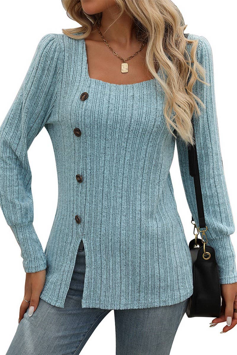 CWOSWL6829_SQUARE NECK BRUSHED SOLID COLOR LONG SLEEVE TOP