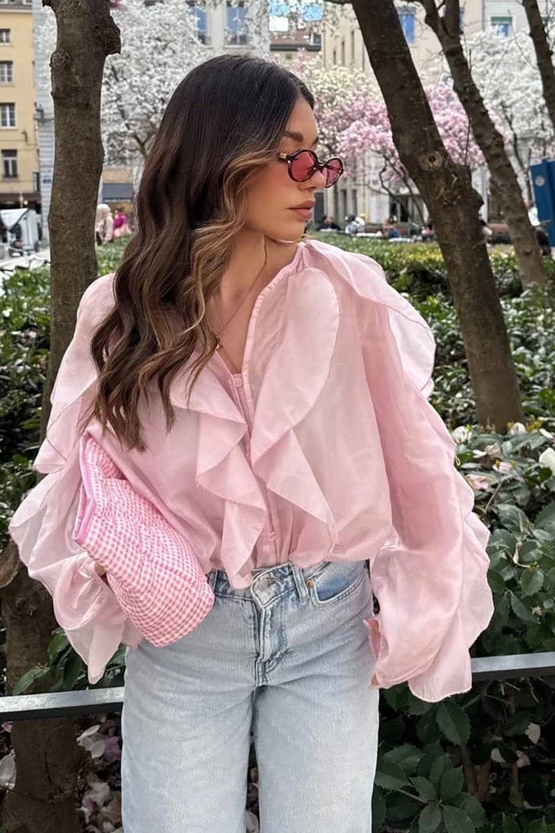 CWTTL2042_SOLID COLOR TEMPERAMENT RUFFLED ZIPPER TOP