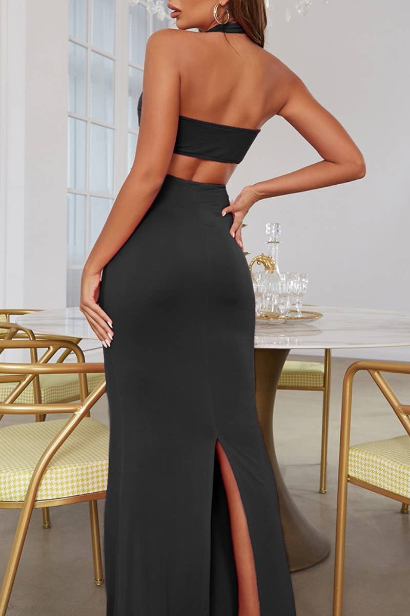 CWDMD2425_HALTERNECK HALTERBACK CUTOUT SLIT LONG DRESS
