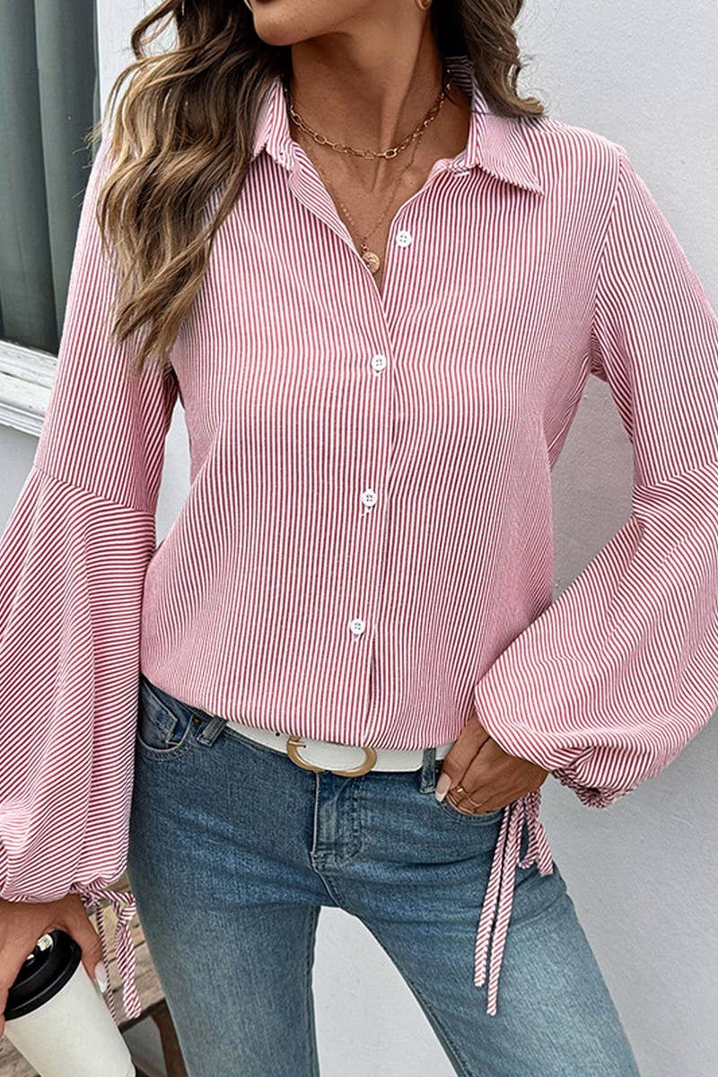 CWTSTL00964_STRIPED PATCHWORK LANTERN SLEEVE BLOUSE