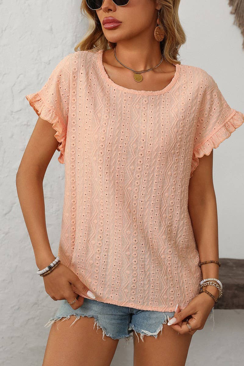 CWTBLS1710_SOLID COLOR ROUND NECK SHORT SLEEVE HOLLOW TOP