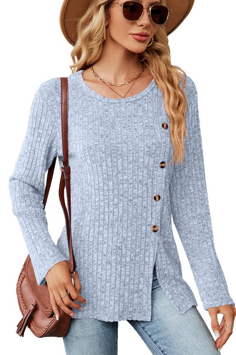 CWTBLL2408_ROUND NECK BUTTON SLIT LOOSE LONG SLEEVE TOP