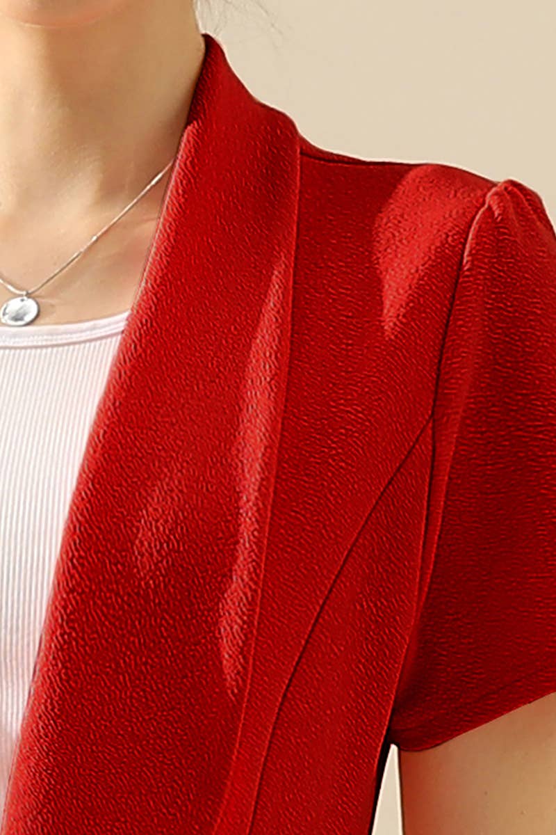 CWOBL095-P_Short Sleeve Open Front Draped Ruffles Blouses