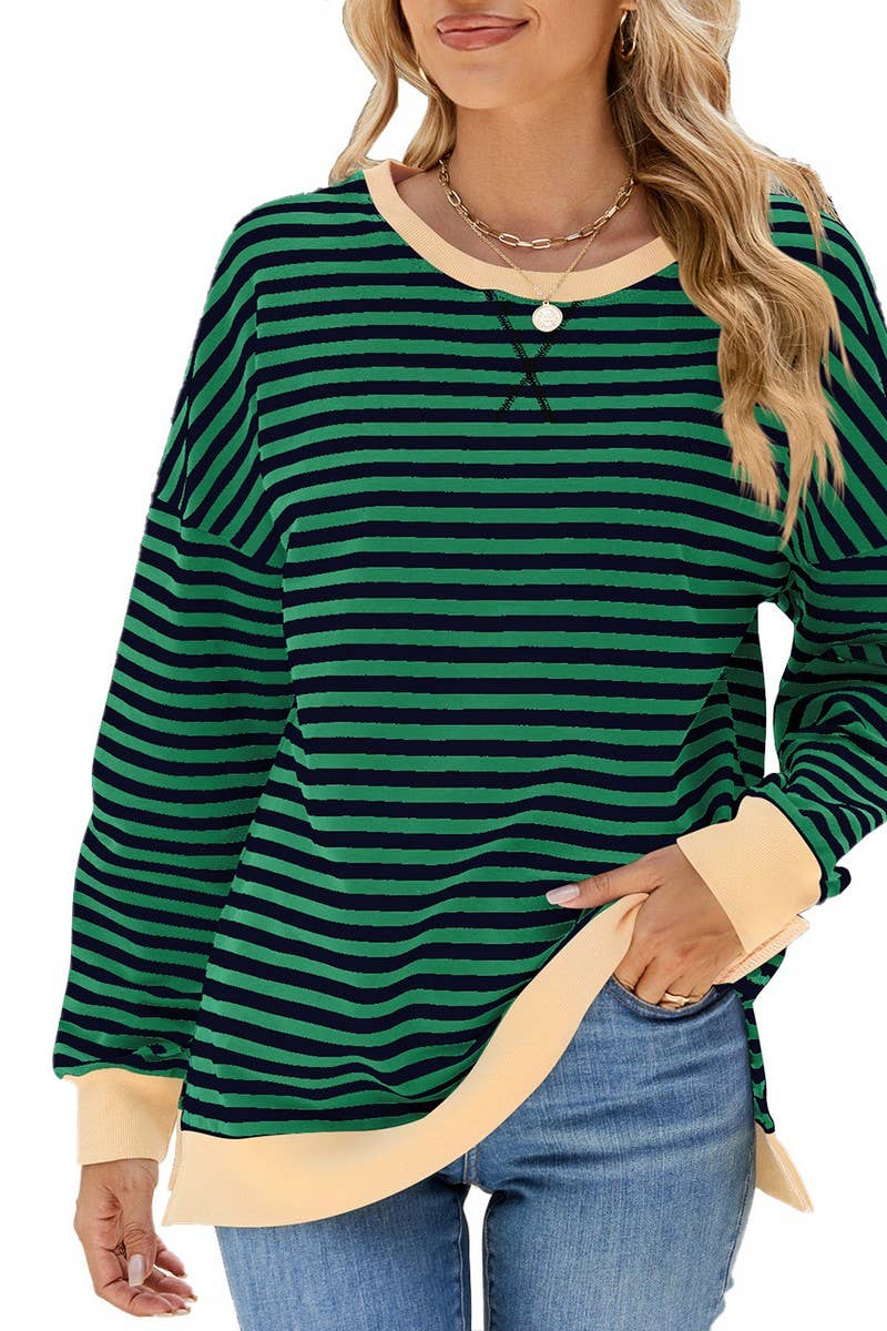 CWTBLL3746_CONTRAST COLOR SLIT LOOSE STRIPED SWEATSHIRT