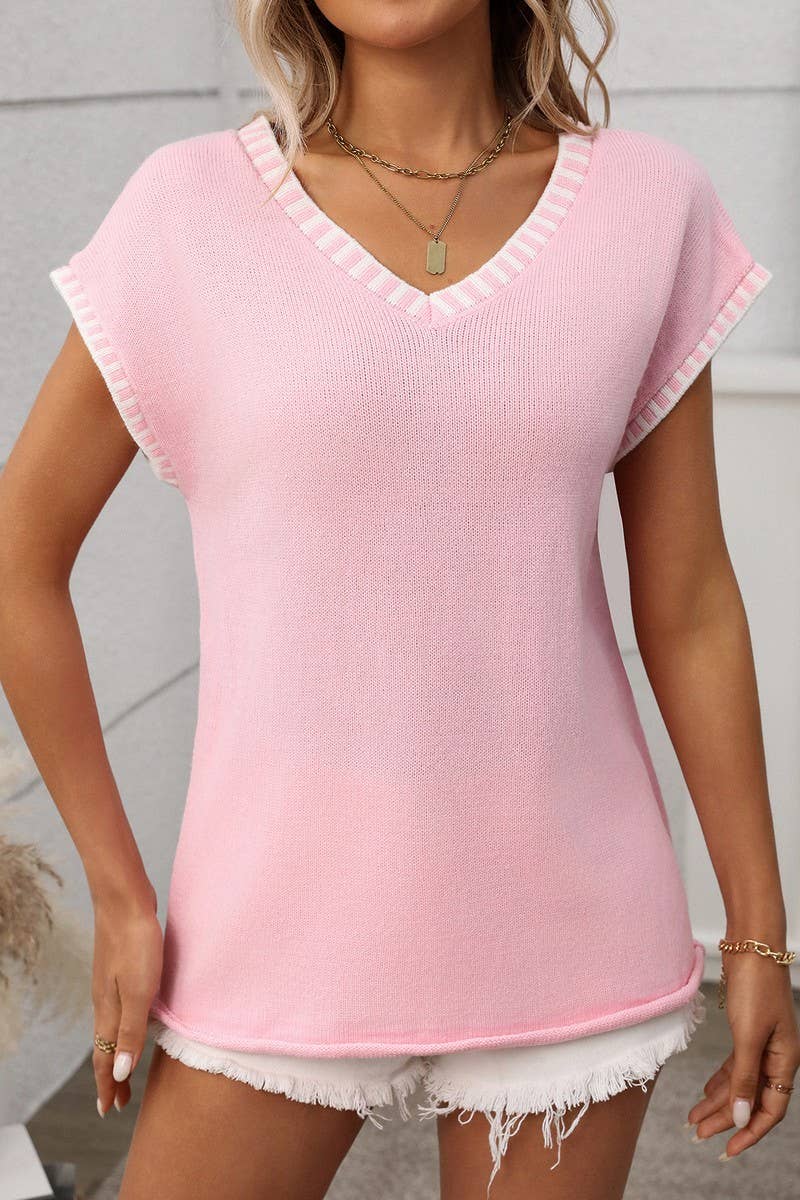 CWOSWS0132_V-NECK SHORT-SLEEVED STRIPED KNITTED SWEATER