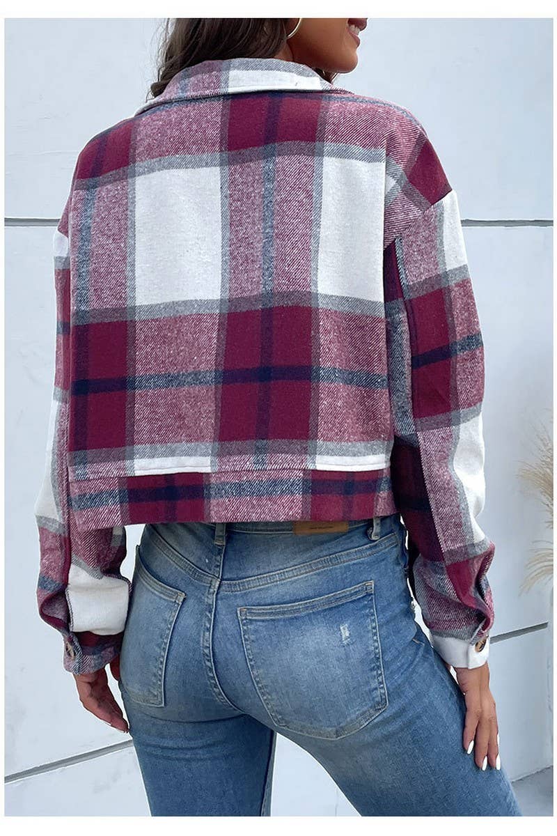 CWOJA0824_CROPPED PLAID CARDIGAN LAPEL JACKET