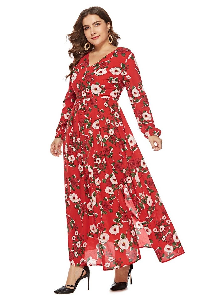 CWDMD3235_PLUS SIZE V NECK LONG SLEEVE PRINTED DRESS