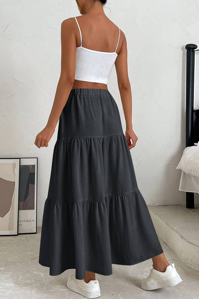 CWBLS0559_BOW WAIST TIERED SOLID MIDI SKIRT