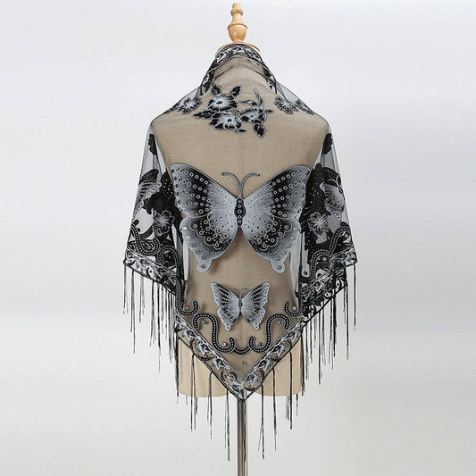 LACE BUTTERFLY EMBROIDERED TRIANGLE SHAWL