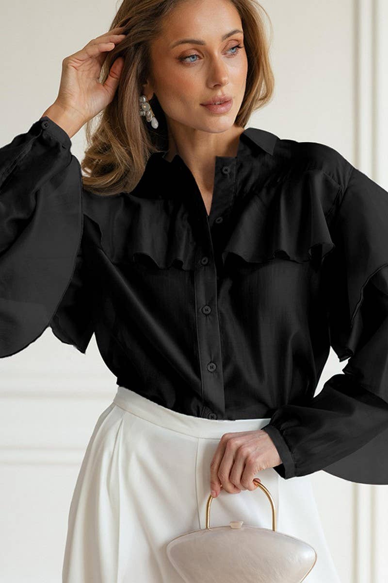 CWTBLL00564_LOOSE LAPEL RUFFLED LONG-SLEEVED SHIRT
