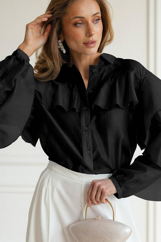 CWTBLL00564_LOOSE LAPEL RUFFLED LONG-SLEEVED SHIRT