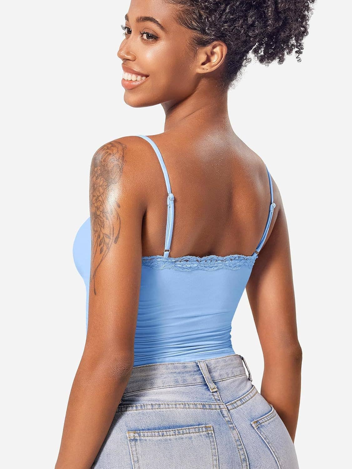 Basic solid color lace-trimmed strappy vest