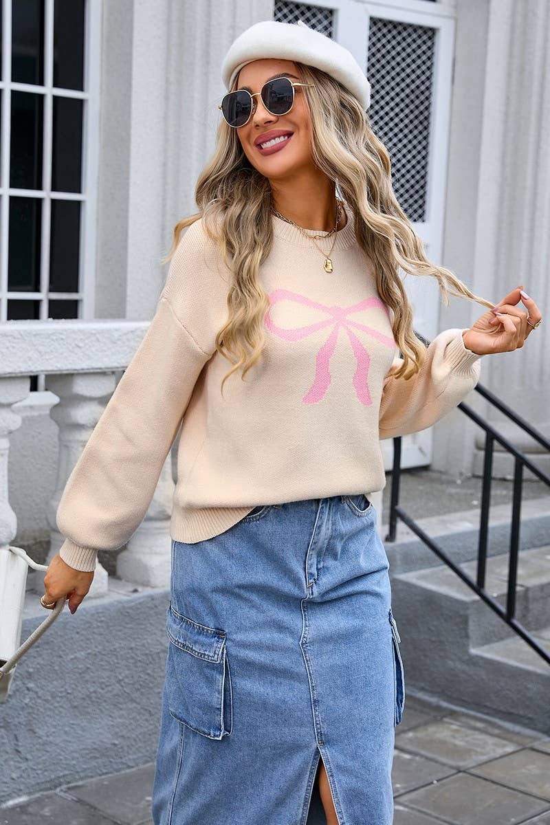 CWOSWL3069_SOLID COLOR BOW PRINT CREWNECK KNIT SWEATER