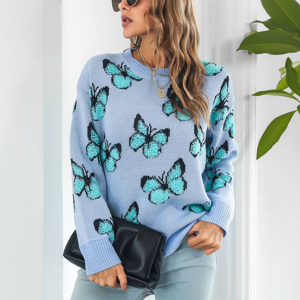 BUTTERFLY SWEATER WITH LOOSE CREW NECK PULLOVER