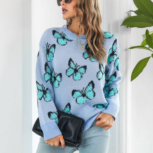 BUTTERFLY SWEATER WITH LOOSE CREW NECK PULLOVER