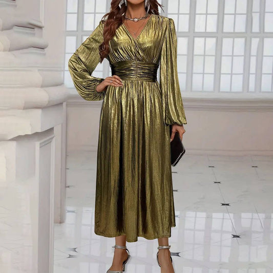 ELEGANT CROSS COLLAR LANTERN SLEEVE PLEATED DRESS