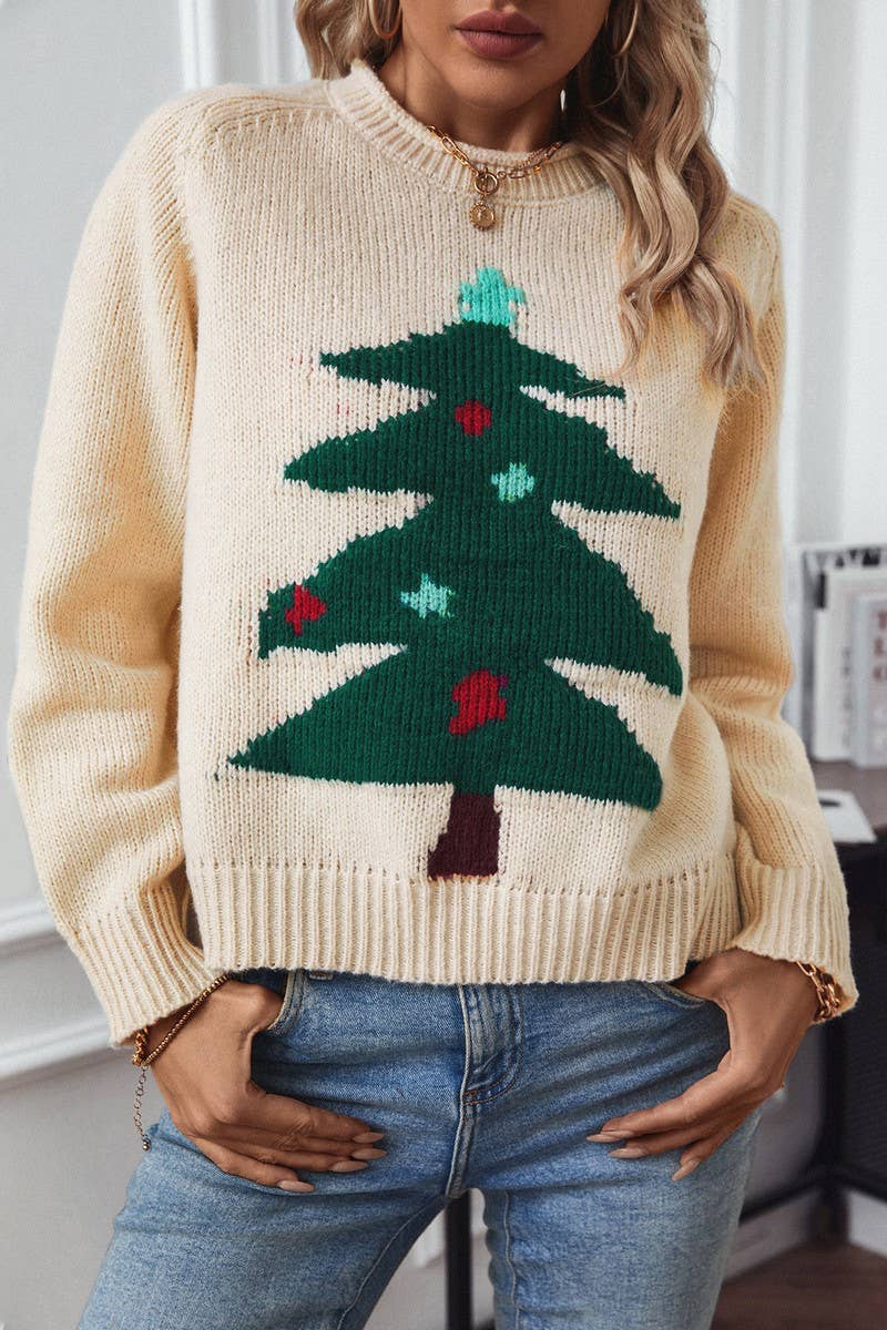 CWOSWL2835_CHRISTMAS TREE PRINT PULLOVER SWEATER