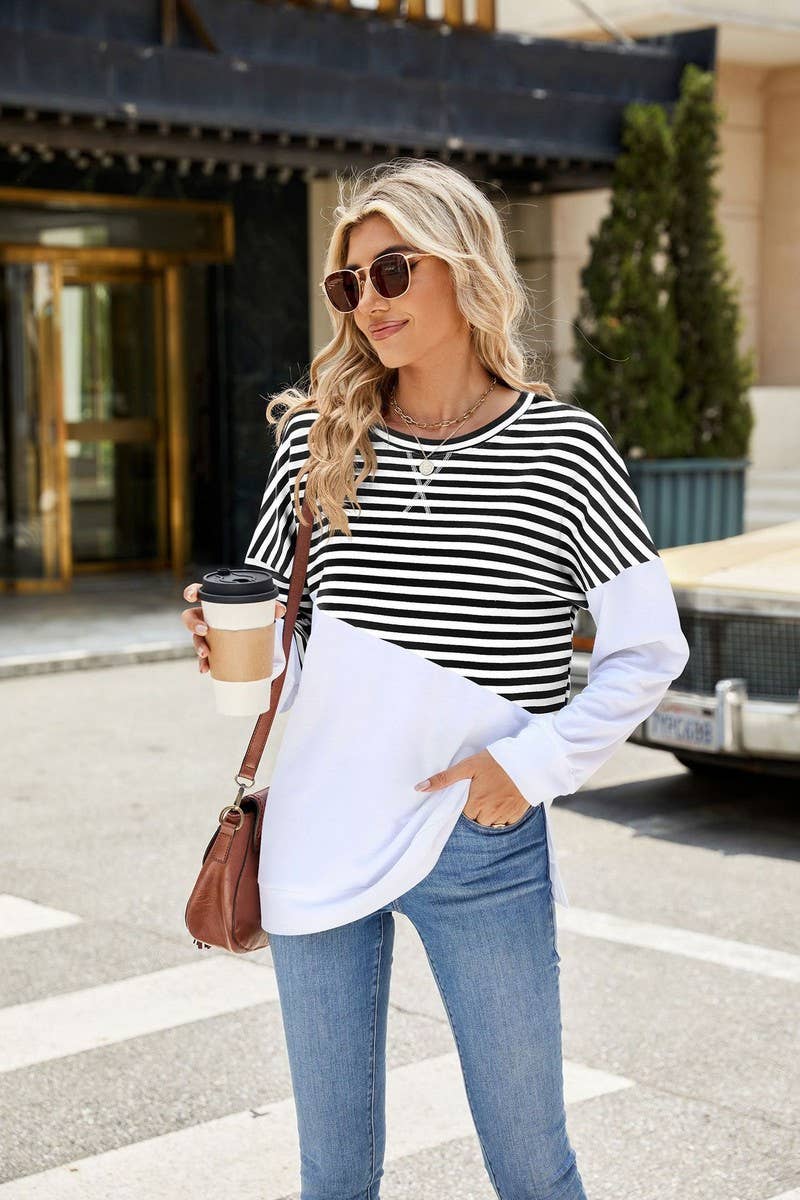 CWTBLL1859_ROUND NECK STRIPED LONG SLEEVE SWEATSHIRT