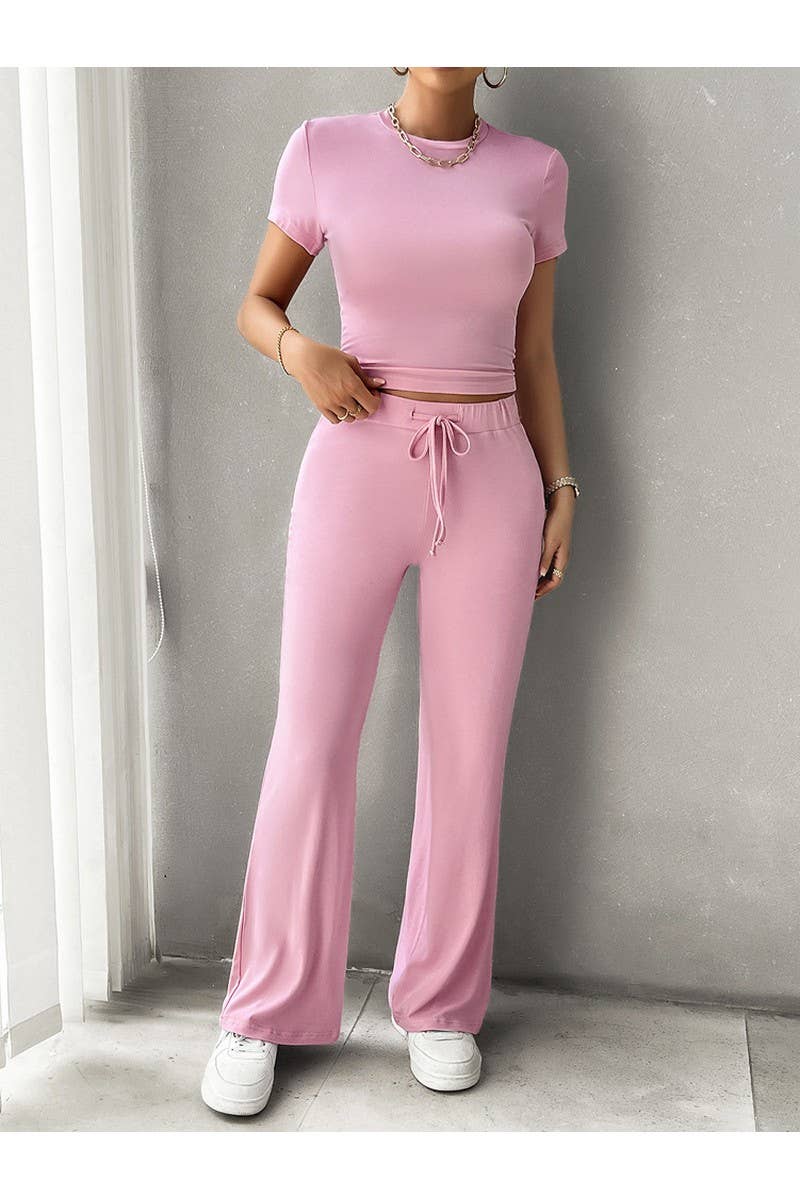 CWSTB0668_SOLID COLOR CREW NECK SHORT SLEEVED PANTS SET