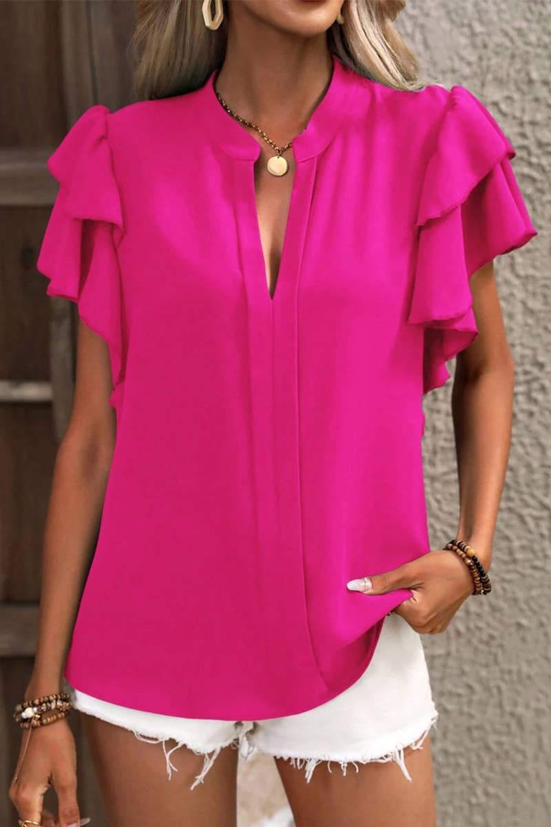 CWTSTS0666_SUMMER V-NECK CASUAL RUFFLE SLEEVE SHIRT