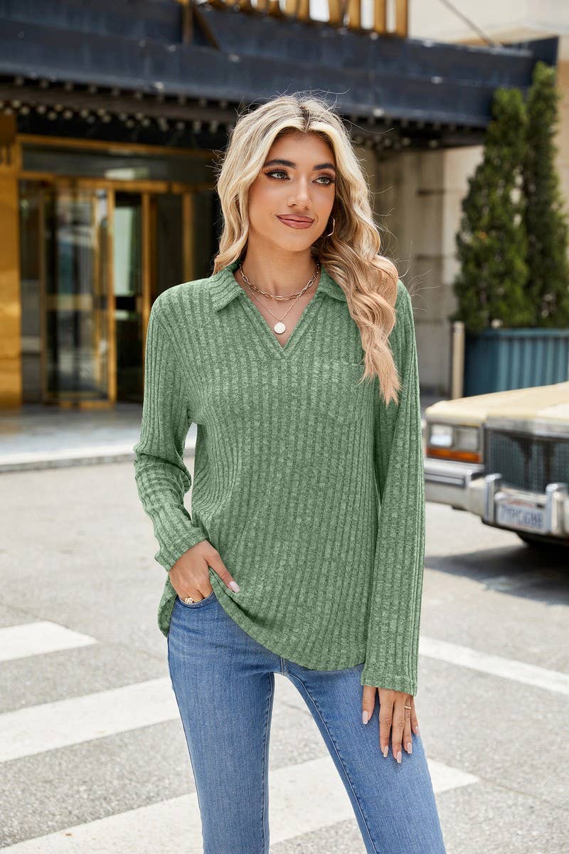 CWTBLL01314_RIBBED KNIT POLO LONG SLEEVE LOOSE TEE