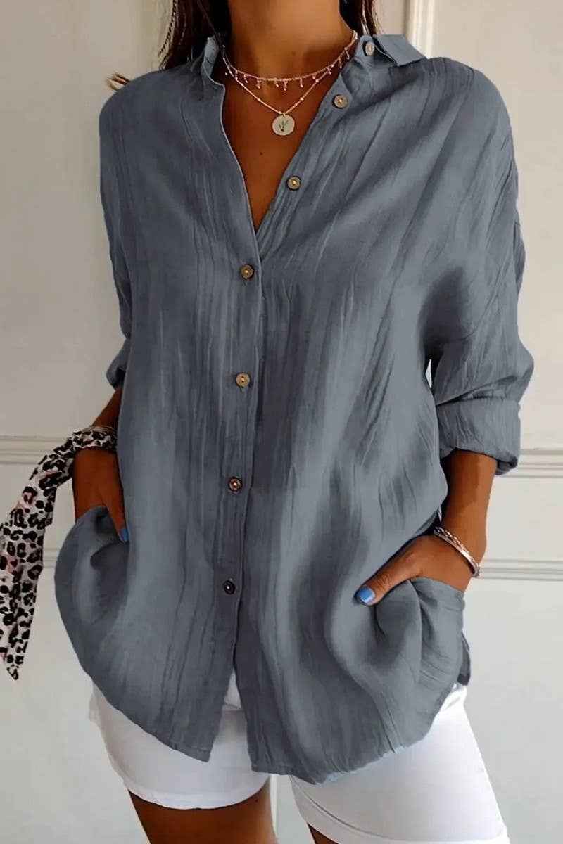 CWTSTL2281_SOLID COLOR SINGLE BREASTED PLEATED LAPEL SHIRT